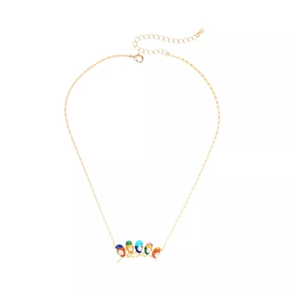 Enamel Bird Flock Crystal Gold Pendant Necklace